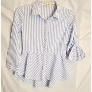 Love Notes Blouse Women's Size S Blue & White Stripes Long Sleeve Peplum Bottom